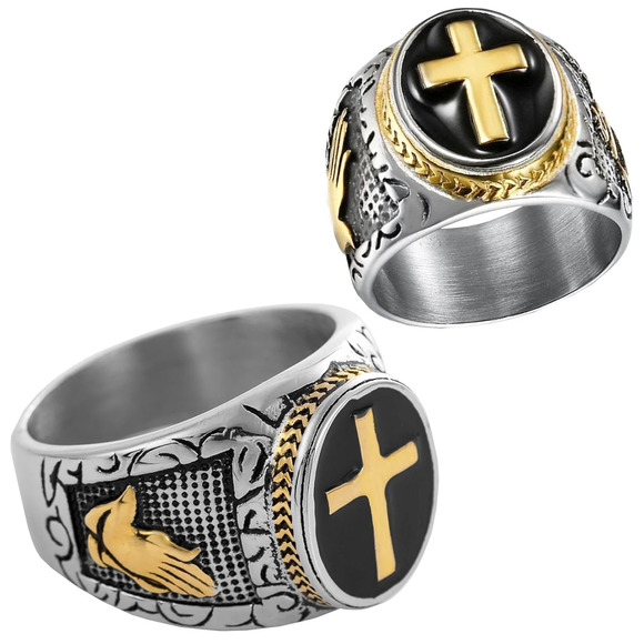 Size 9 Stainless Steel w/ Gold pvd Accents of Holy Cross Prayer Ring - Picture 1 of 1